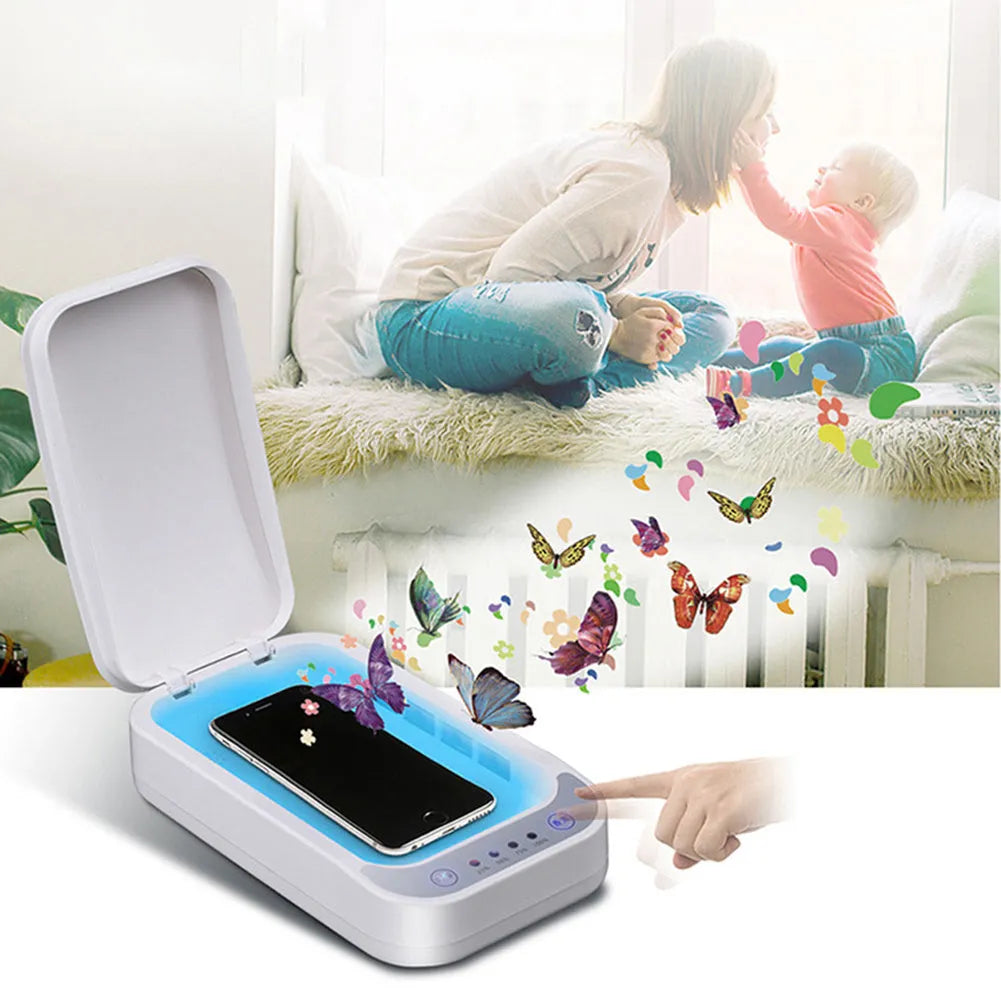 Blue and white ultraviolet disinfection box for mobile phones with display showing interior.