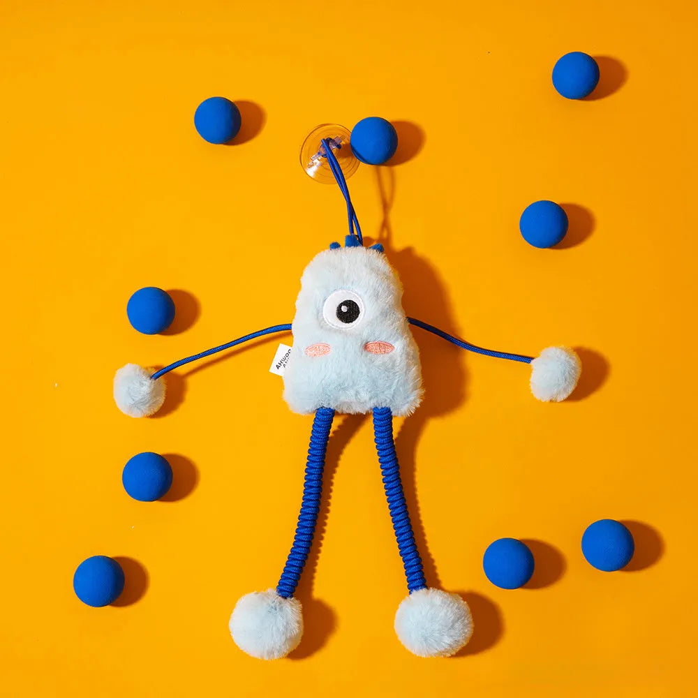 Blue cat plush toy with telescopic elastic pole, mint bell ring, and elastic rope on 30×30 cm base