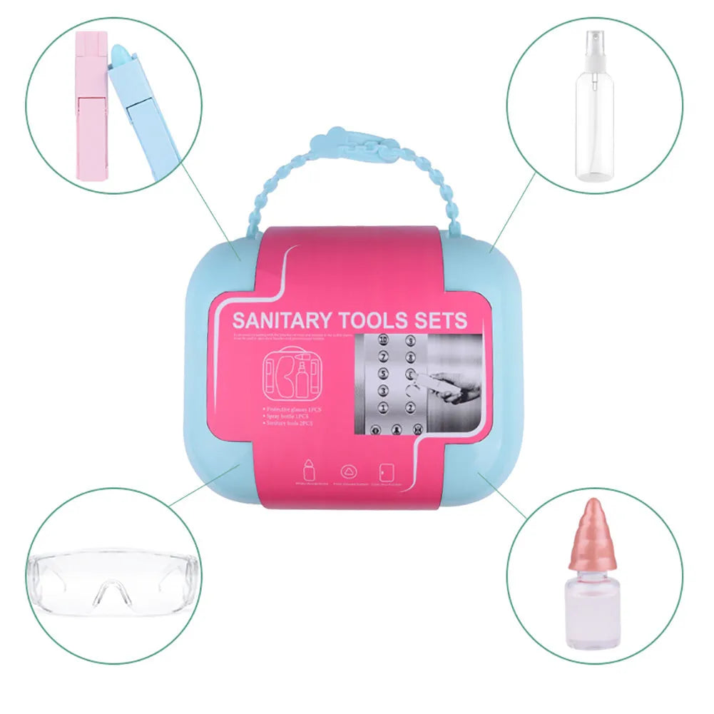 Portable anti-epidemic door disinfection tool set with spray bottle, glasses, and storage box for public places