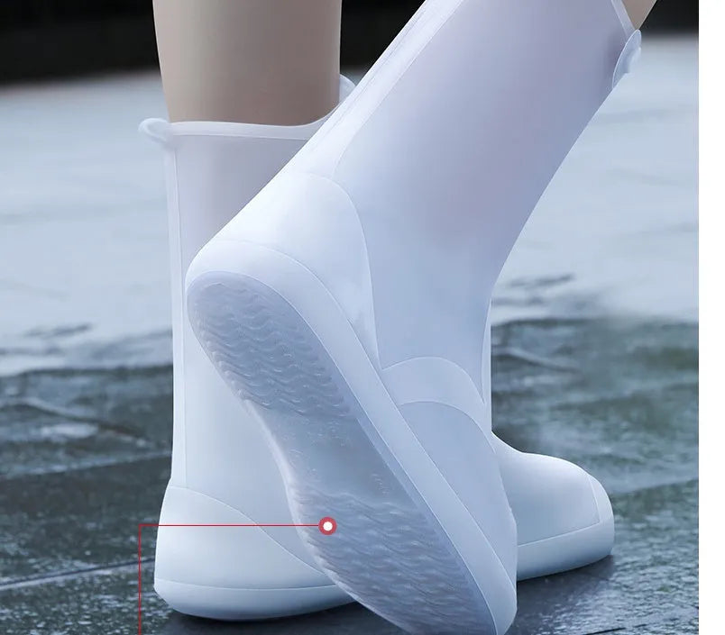 White high-top PVC waterproof reusable shoe covers for women, shown alongside size chart