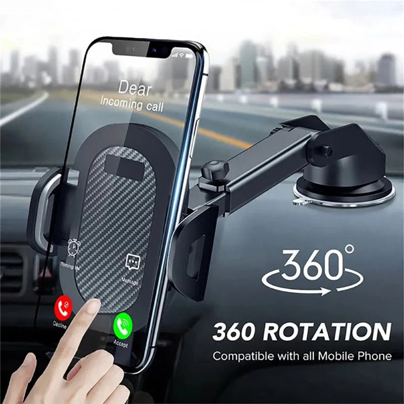 Black universal adjustable car phone holder mounted on a car air vent, showing EVA foam lining inside the cradle.