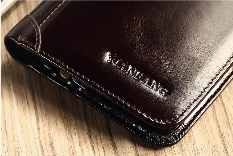 Men's leather wallet open showing photo slot, card holders, banknote section and change compartment