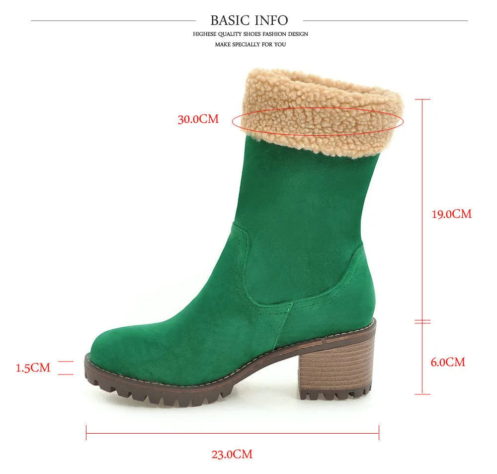 Women's snow boots with plush lining and rubber soles in black, grey, green, orange