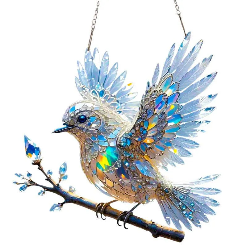 Square acrylic bird pendant ornament with colourful cartoon design for holiday decoration.