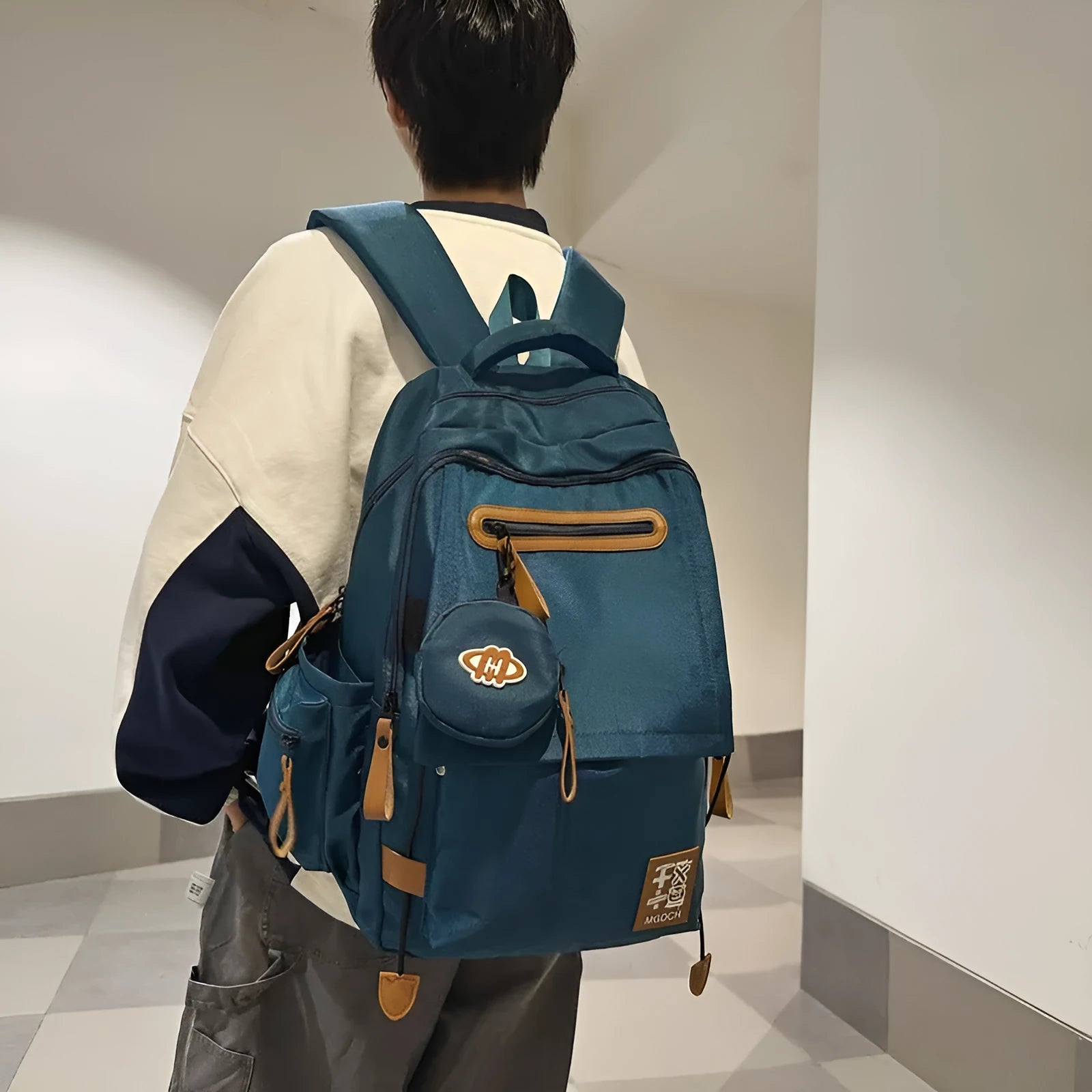 Large-capacity nylon school backpack for junior high students in street trend style with curved shoulder straps