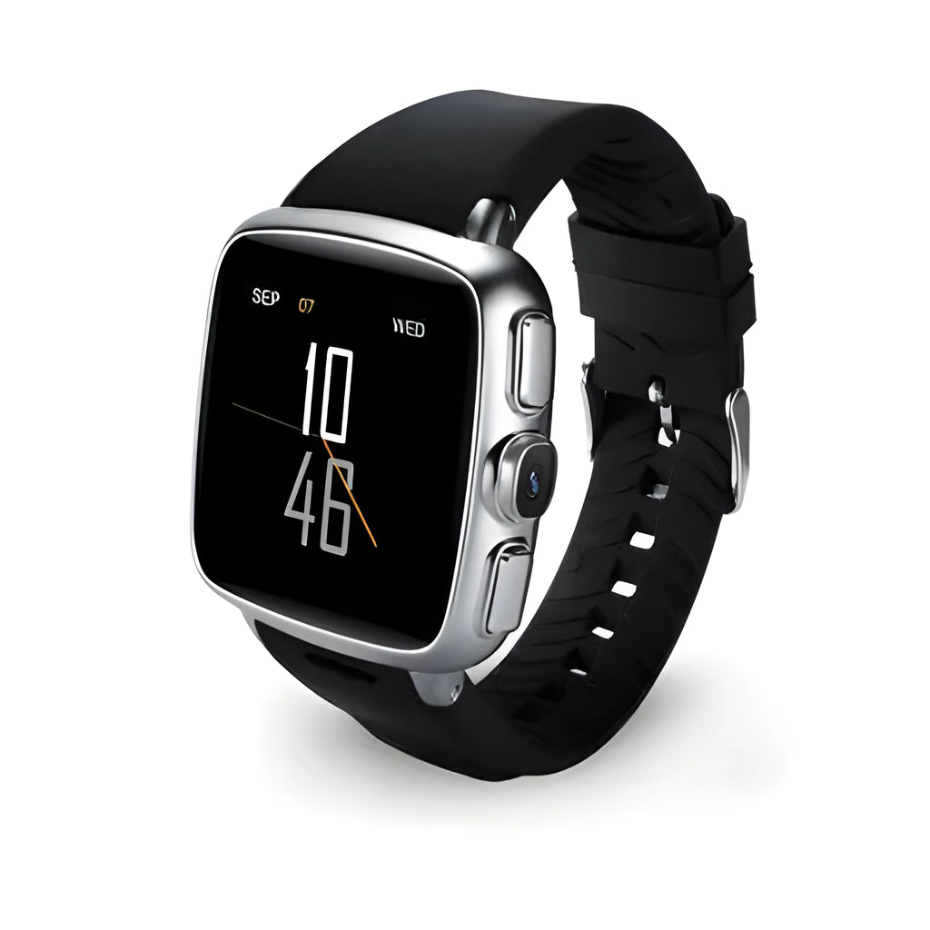 Black and white Z01 smart watch showing its 1.54-inch touchscreen and wrist strap.