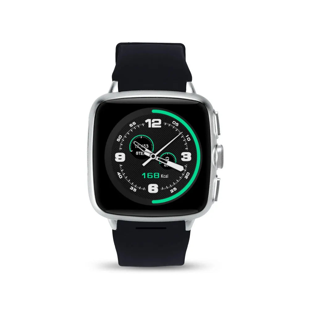 Black and white Z01 smart watch showing its 1.54-inch touchscreen and wrist strap.