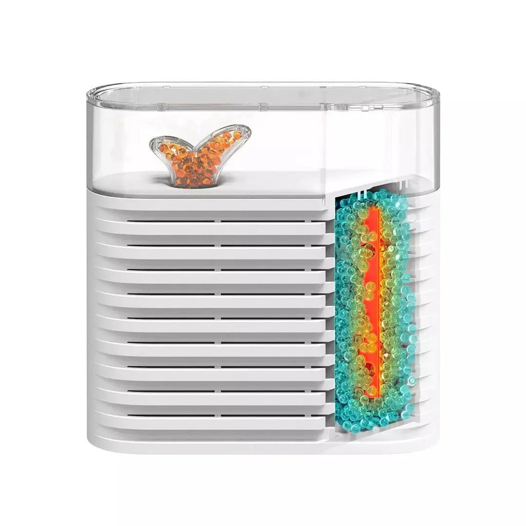 White recyclable cabinet dehumidifier box with transparent top showing colour-changing silica gel beads