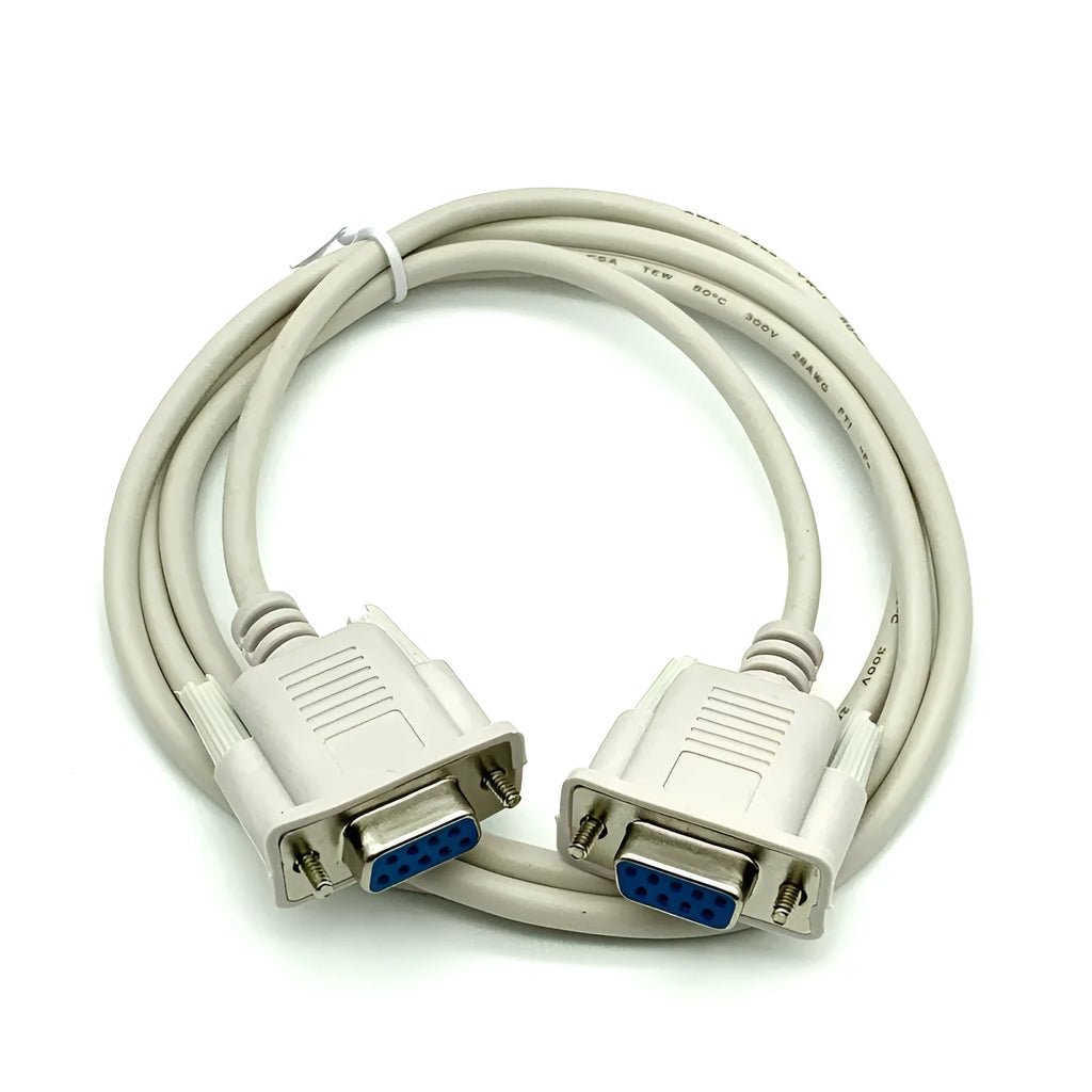 Milky white DB9 female to female cross serial cable measuring 1.5 metres with RS232 connectors