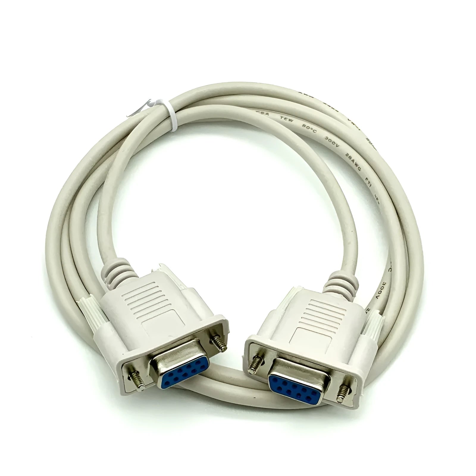 Milky white DB9 female to female cross serial cable measuring 1.5 metres with RS232 connectors