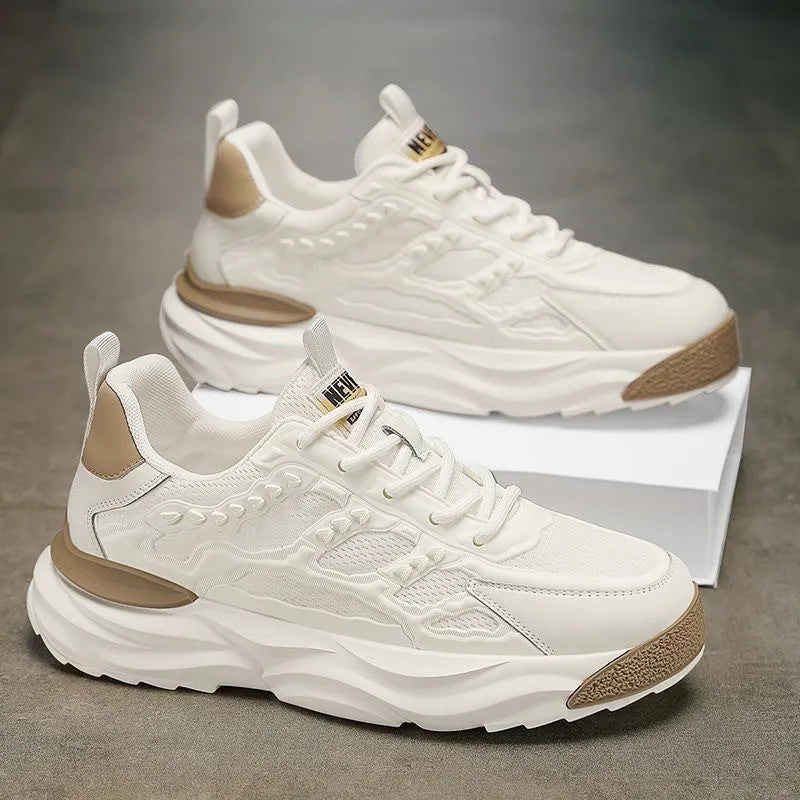 Men's breathable mesh shoes with PU upper and round toe in white or black