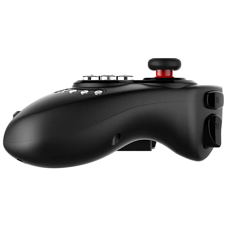 PG-9023 black wireless telescopic gamepad controller holding a smartphone, showing joysticks and buttons.