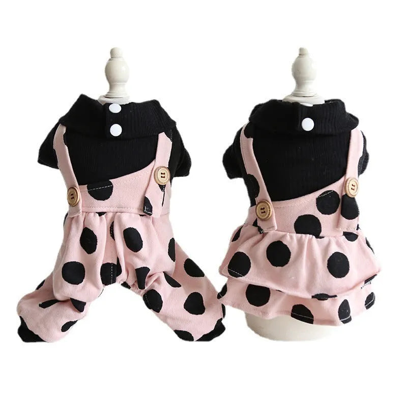 Dog wearing couple clothes with lapel and shoulder strap design in casual cloth style