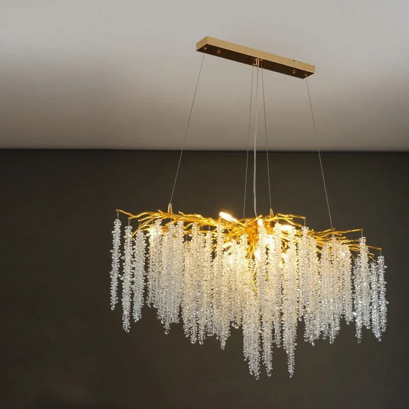 Adjustable height crystal chandelier with aluminium alloy body and LED light in round and long style options