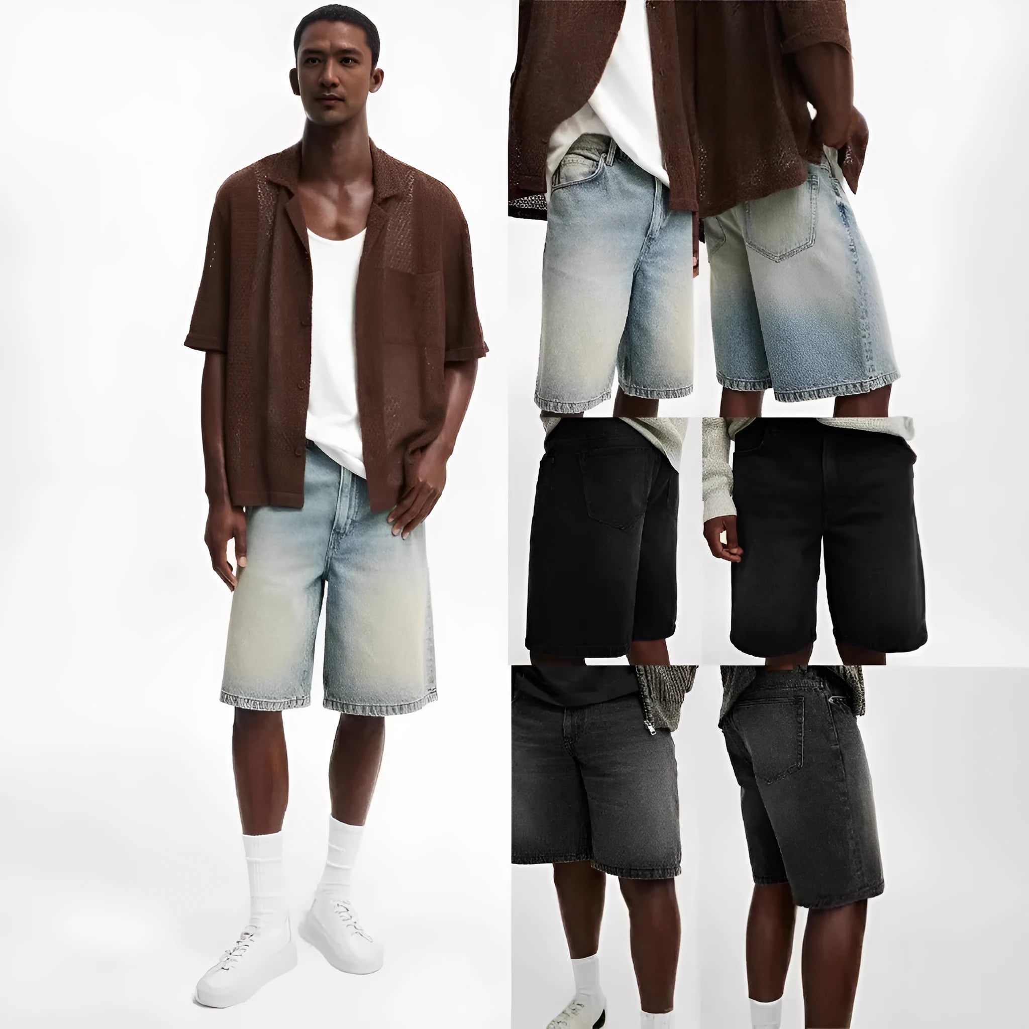 Men's loose fit light blue cotton denim straight leg trousers on a neutral background