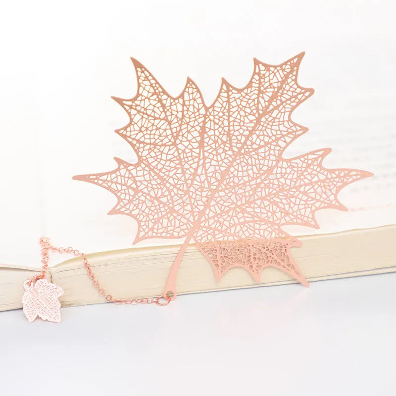 Brass metal bookmark with hollow plating decorative leaf pattern and rose gold tassel
