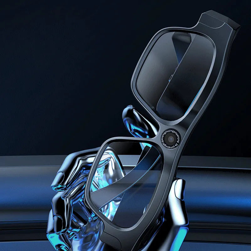 Black smart Bluetooth glasses with integrated camera for head-mounted video recording