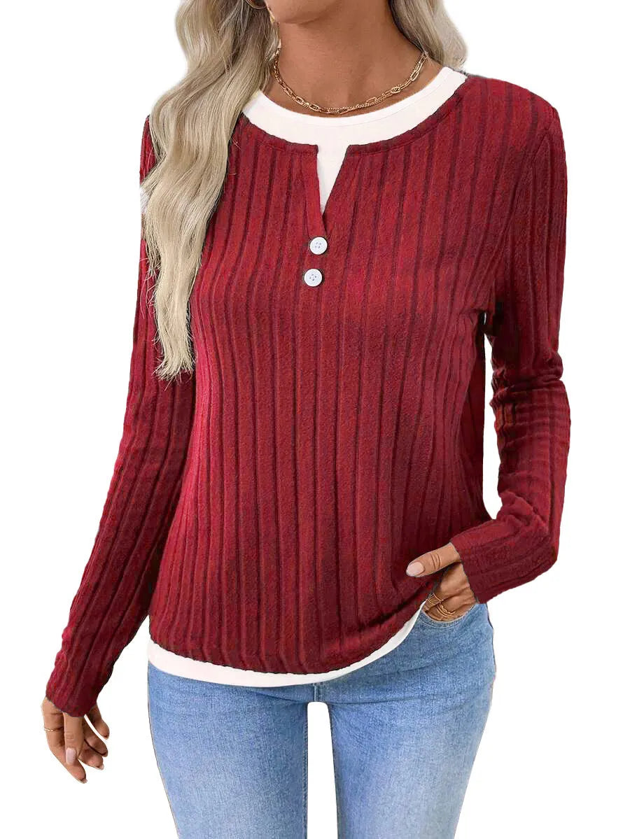 Women's fake two-piece round neck pullover sweater with button details in concave stripe polyester fabric