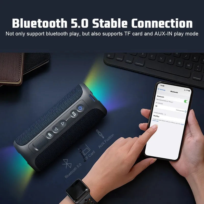 Black and blue fabric wireless Bluetooth speaker with 40W power and waterproof rating
