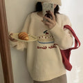 Women's loose fit round neck embroidered cartoon sweater in beige with long sleeves and acrylic spandex fabric