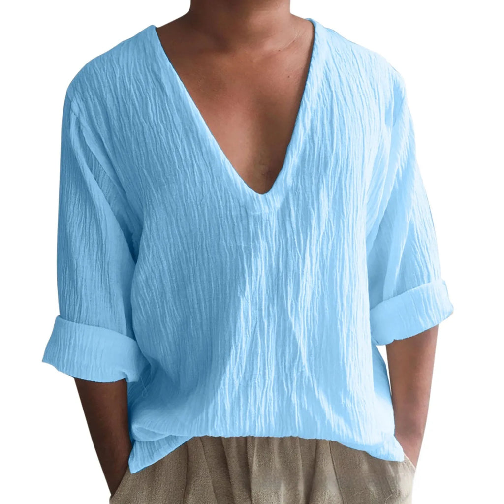 Men's washed cotton long sleeve V-neck T-shirt in solid colours showing British style details