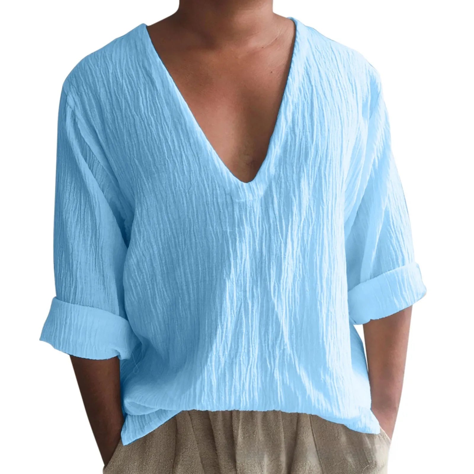 Men's washed cotton long sleeve V-neck T-shirt in solid colours showing British style details