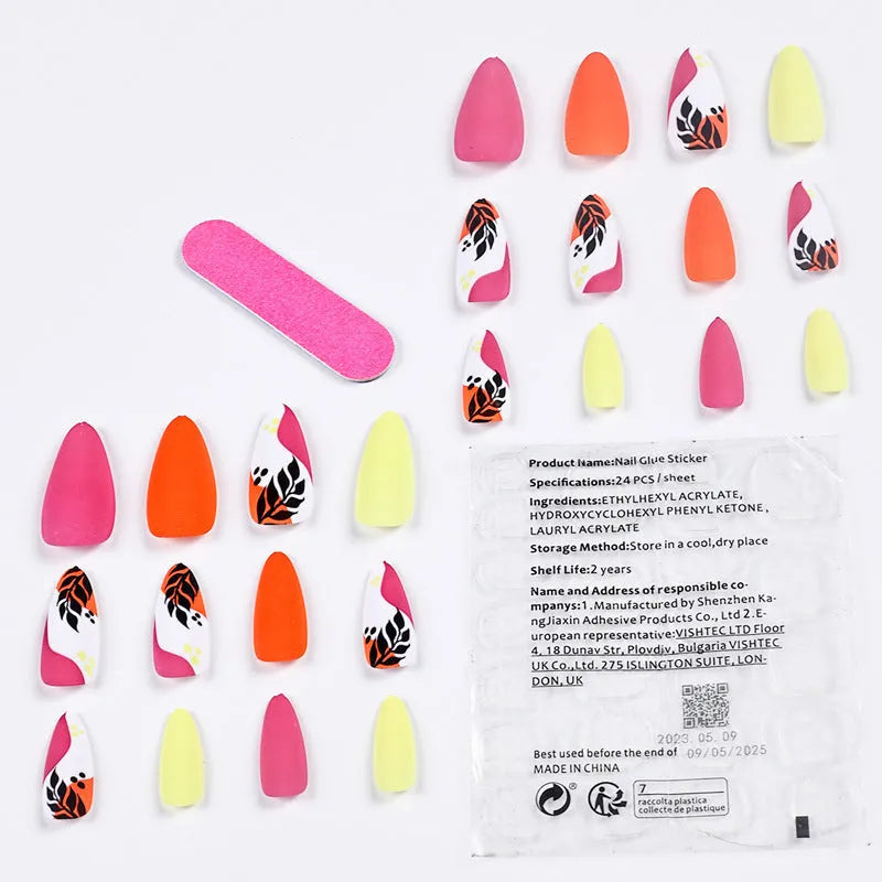Wear Armour medium almond frosted nail stickers showing four designs: French colourful leaves, star flash macaron, gradient leopard print and colourful plating