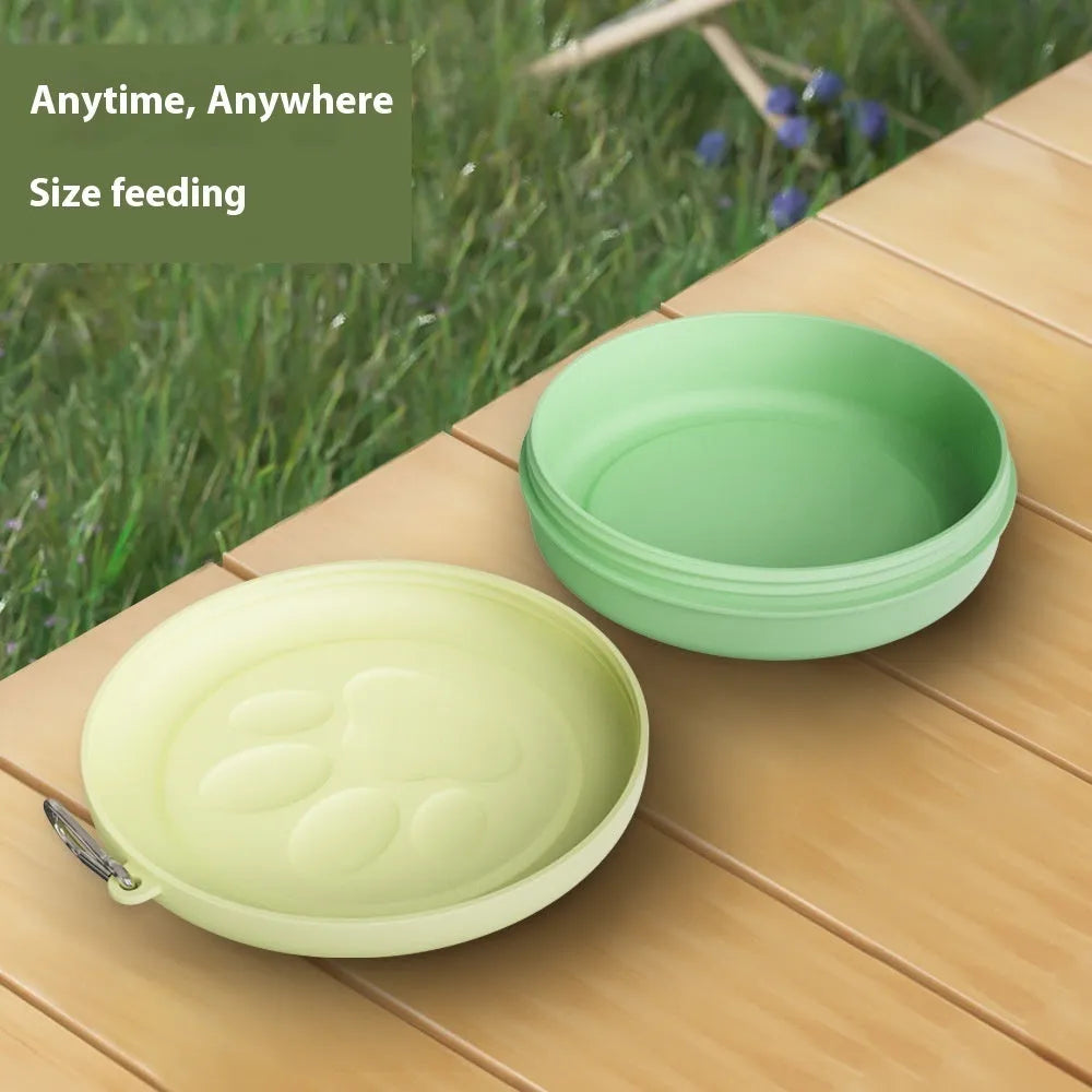 Collapsible portable dog bowl in light pink and green colour options showing folded and unfolded positions