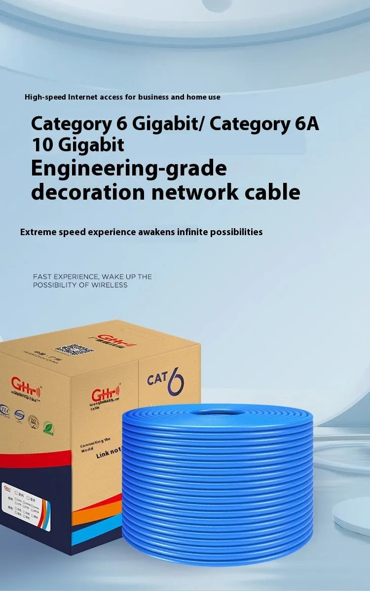305-metre drum of blue Cat 6 oxygen-free copper gigabit network cable with specifications label.