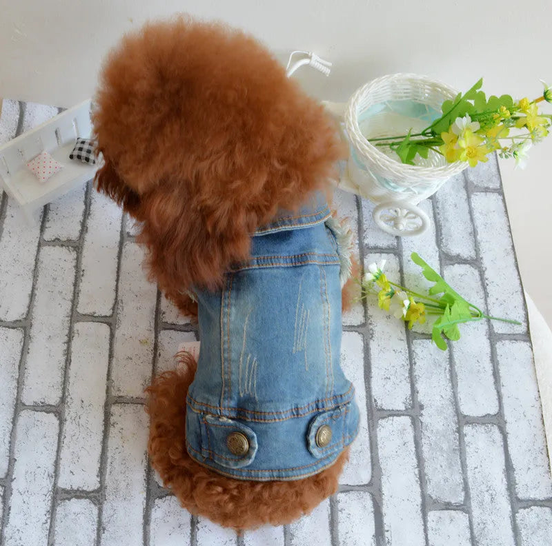 Denim dog vest with retro scratch pattern design in dark blue colour for small breed dogs