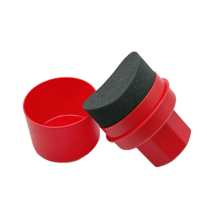 Car tyre polishing sponge brush with lid showing 85 × 120 mm dimensions and four colour/texture options