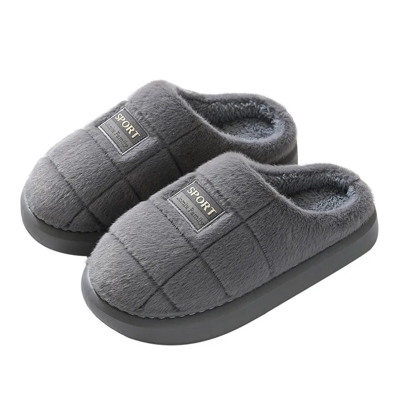 Men's plaid winter slippers with rabbit hair upper and thick EVA sole in brown colour