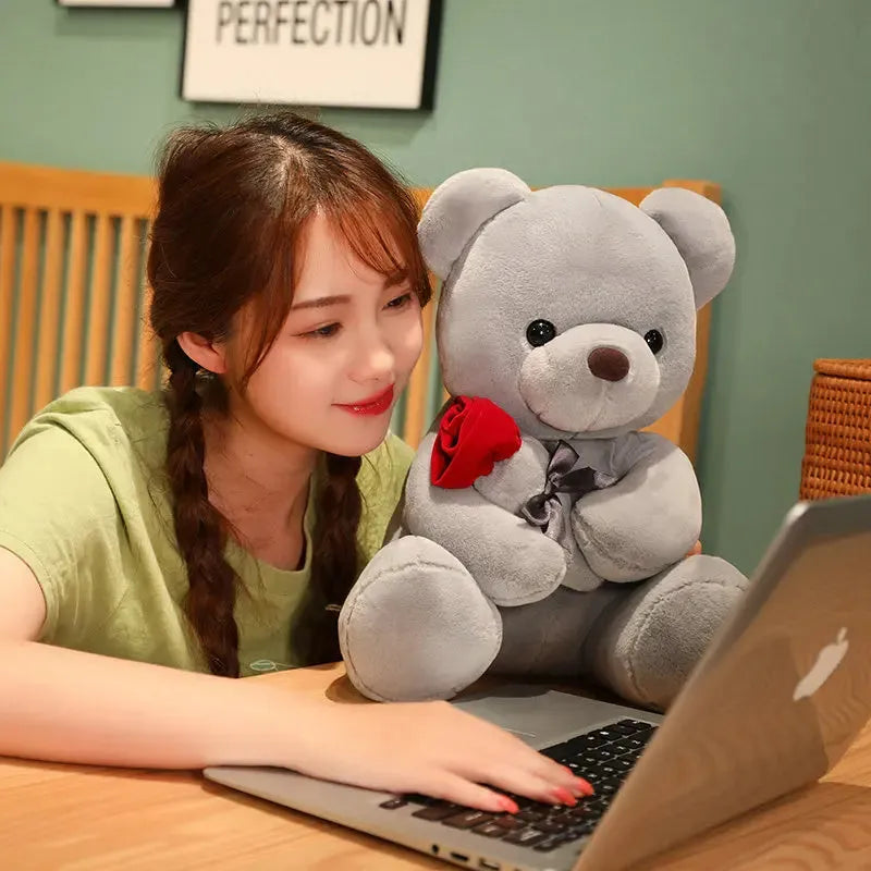 Soft plush rose bear teddy doll in beige, brown, or grey, shown in multiple size options.