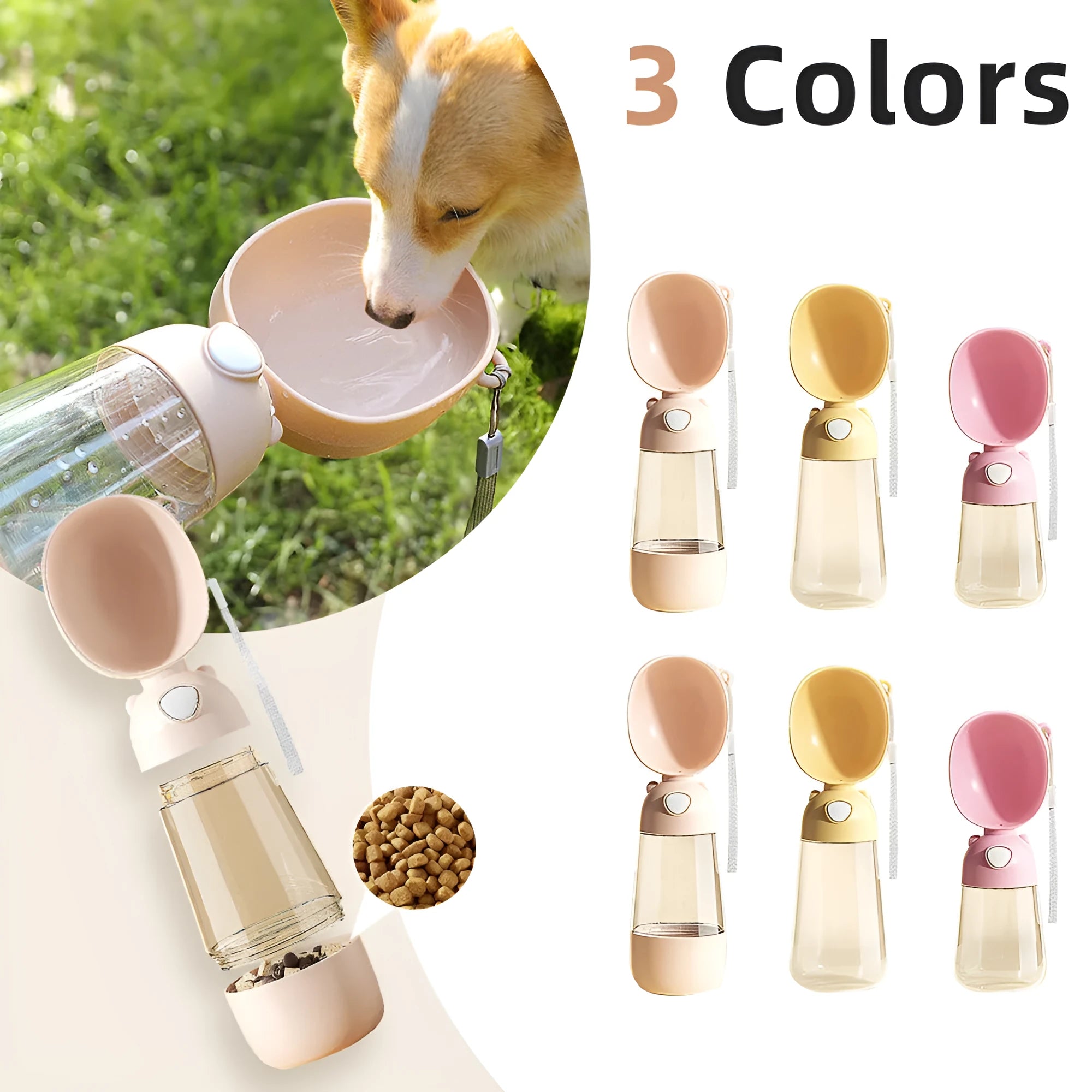 Portable plastic dog water bottle with an attached drinking bowl in yellow, pink, or brown.