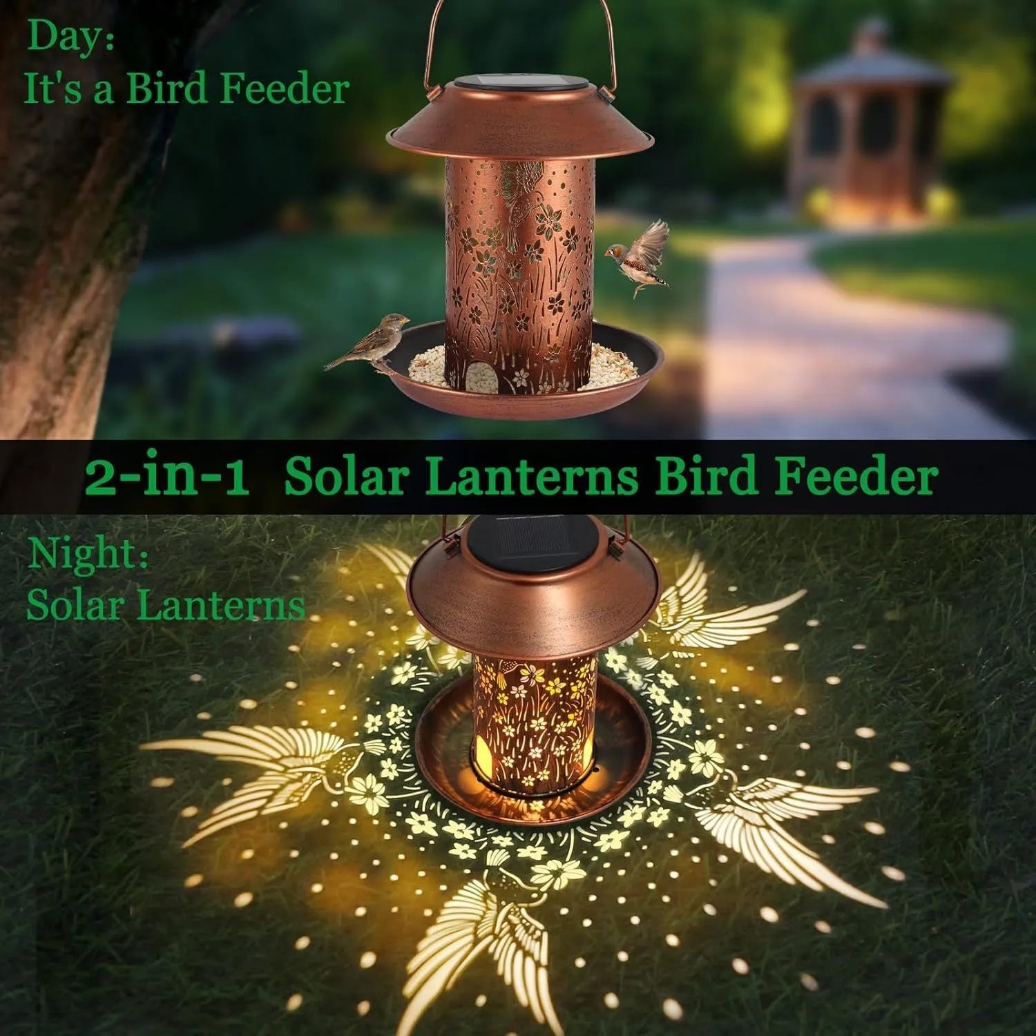 Iron art solar-powered bird feeder lamp with hummingbird design for outdoor gardens.