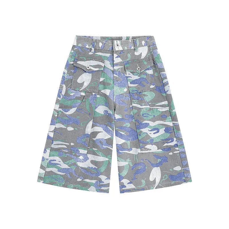 Denim camouflage cropped trousers with pockets and straight leg cut