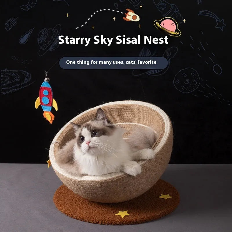 Large cat scratching post with integrated flannel-lined nest in starlight sisal colour