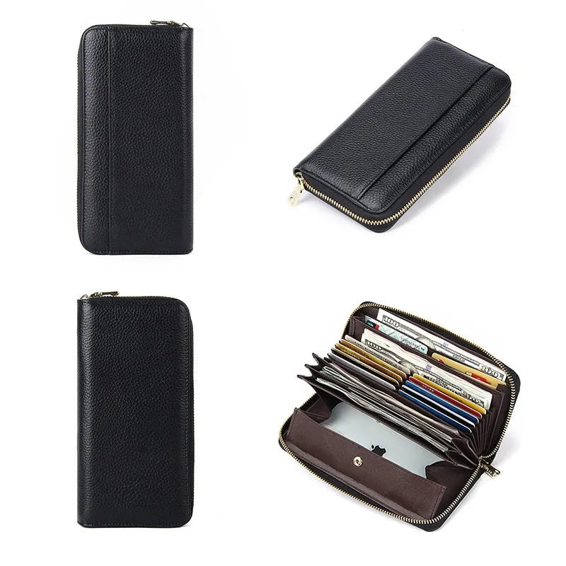 Long genuine leather women's wallet showing six colour options with anti-theft card swiping feature