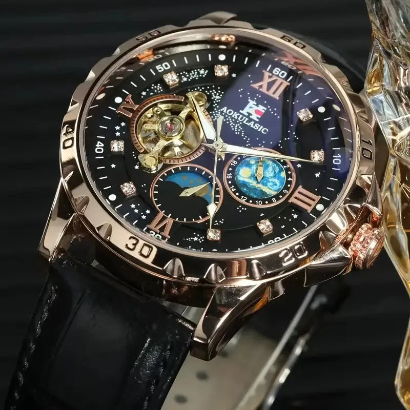 Men's automatic mechanical watch with hollow dial, rose gold case, black leather strap.