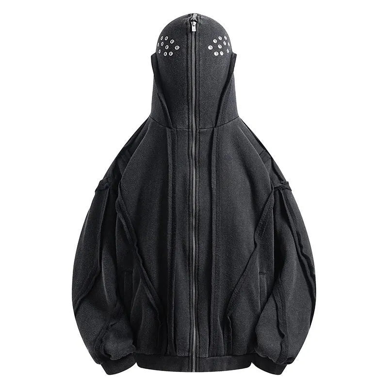 Black men's loose fit cotton padded hooded coat with zip front and abstract pattern