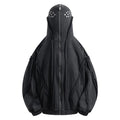 Black men's loose fit cotton padded hooded coat with zip front and abstract pattern
