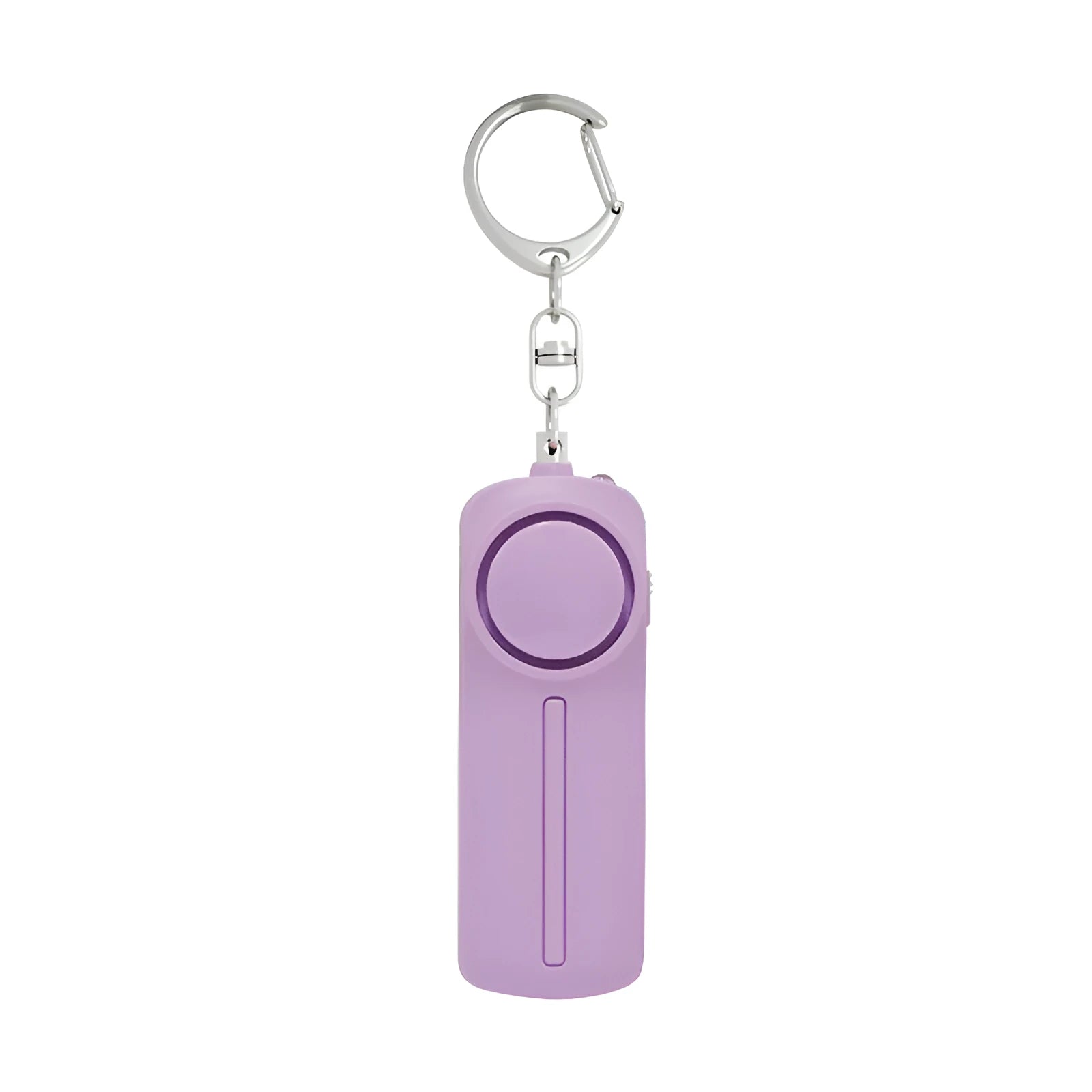 Pink personal safety alarm keychain with activation button showing dimensions.