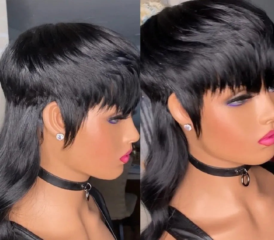 Black Brazilian synthetic wig with bangs featuring front short back long hairstyle