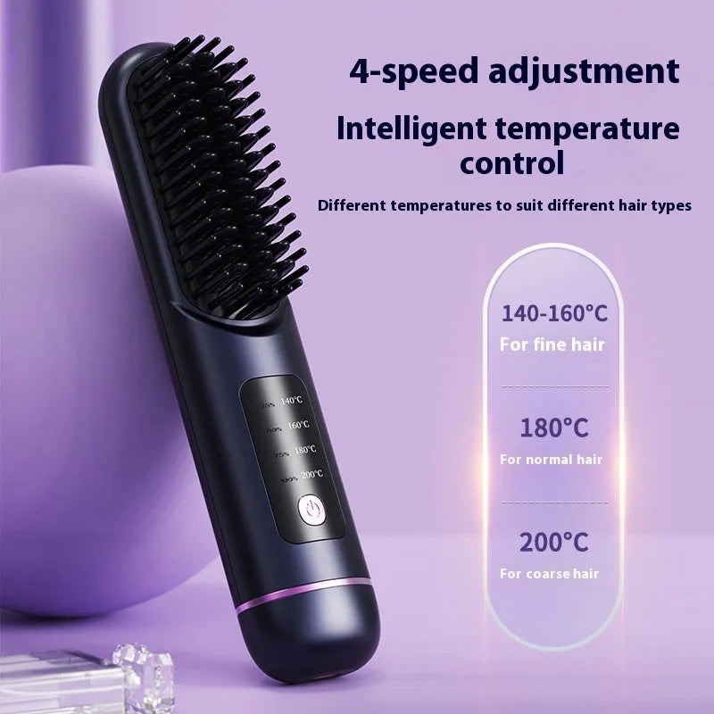 White, blue, and grey portable charging negative ion straight hair comb on a plain background.