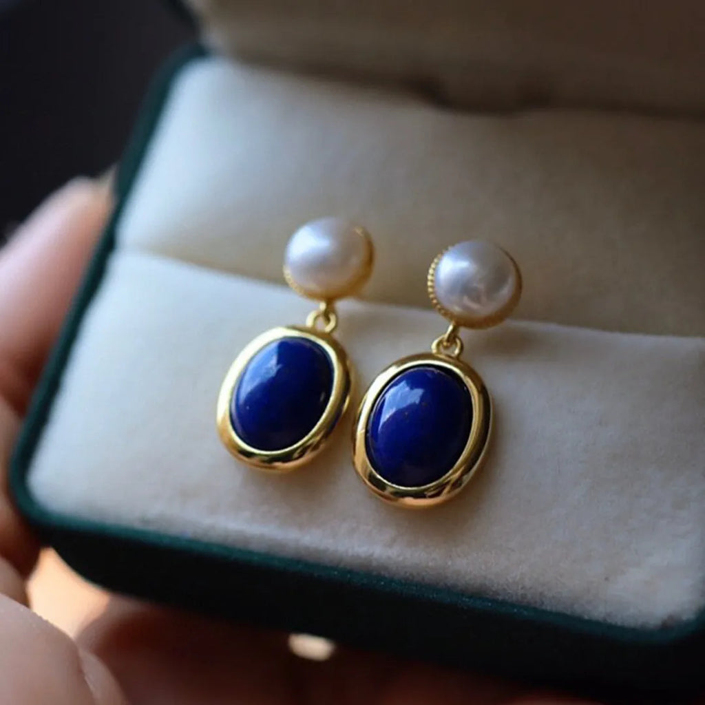Lapis lazuli pearl drop earrings in 925 silver with auspicious patterns