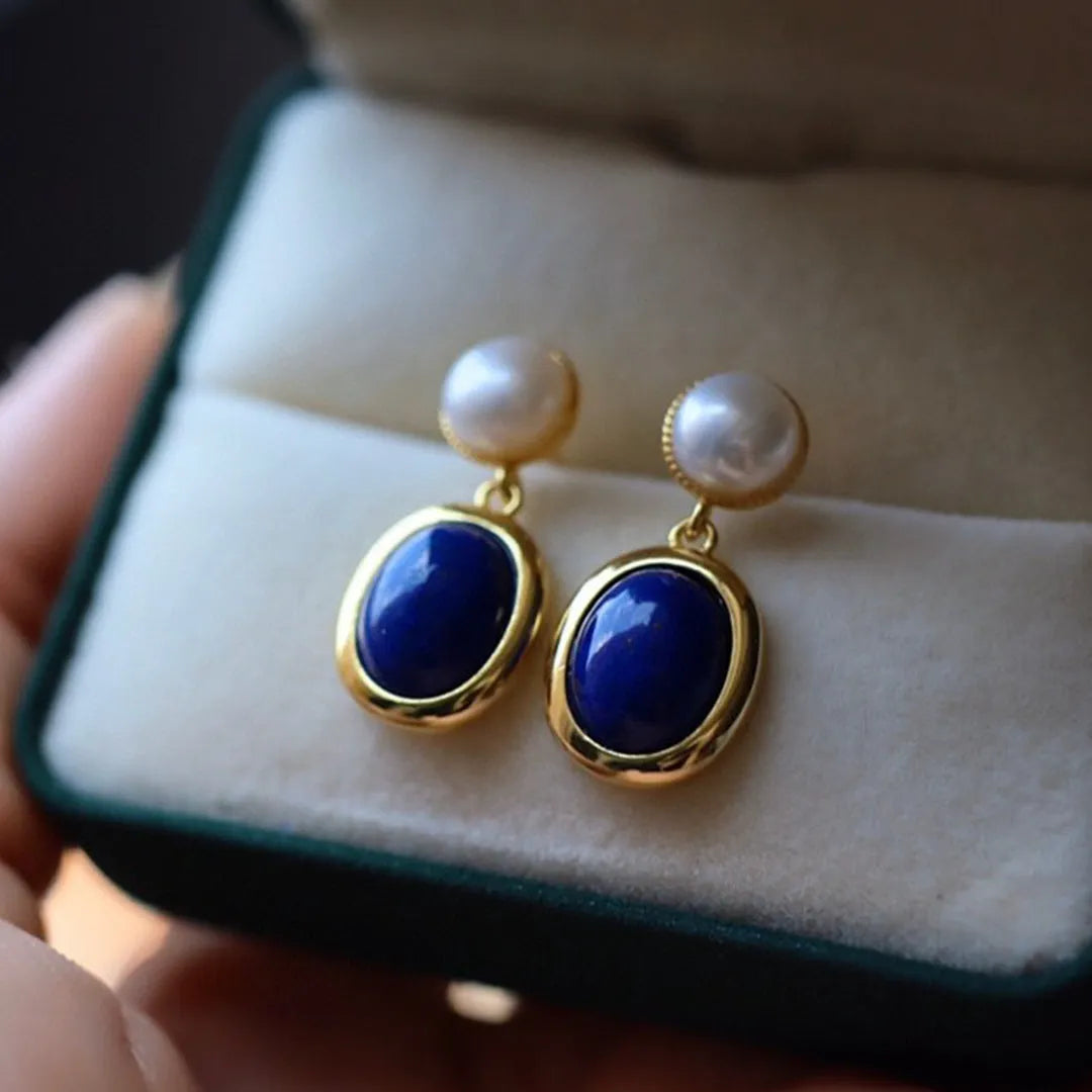Lapis lazuli pearl drop earrings in 925 silver with auspicious patterns