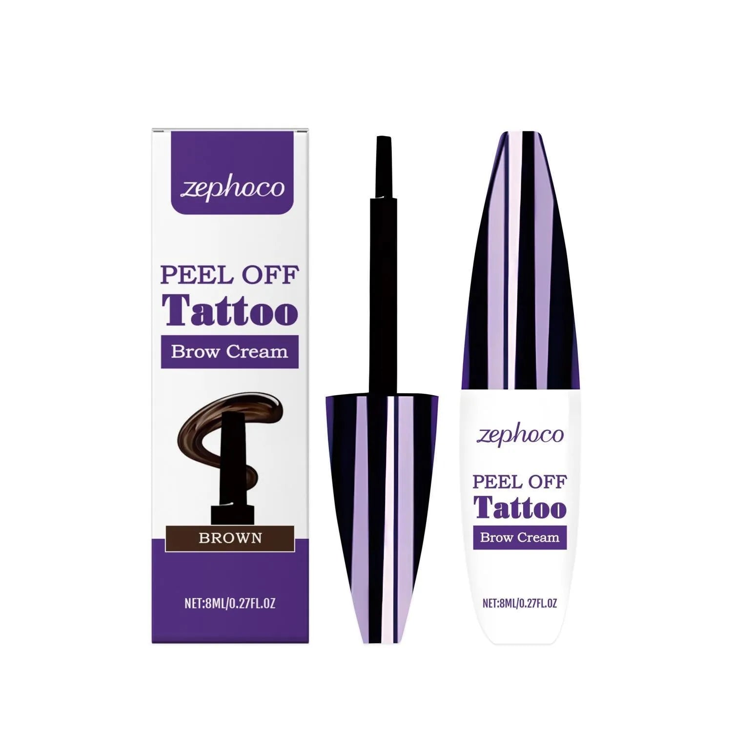 Tearable liquid eyebrow pencil with brush tip in black, brown, and light brown shades