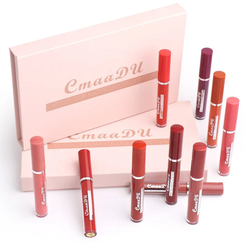 Women's non-stick cup waterproof matte lipstick 10-pack in photo colour with box dimensions 23.8x14.7x2.5 cm