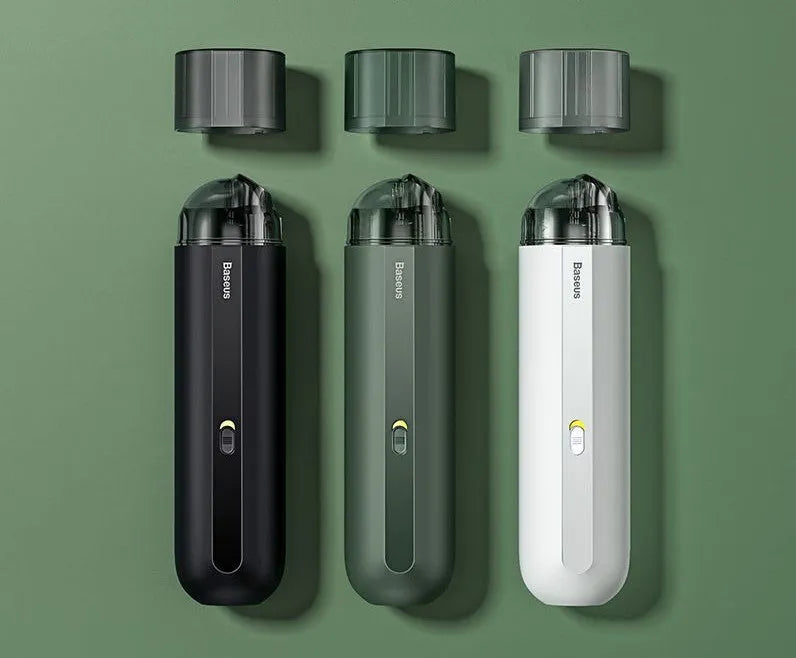 Wireless handheld car vacuum cleaner in black, white, or green with blowing hose attachment.