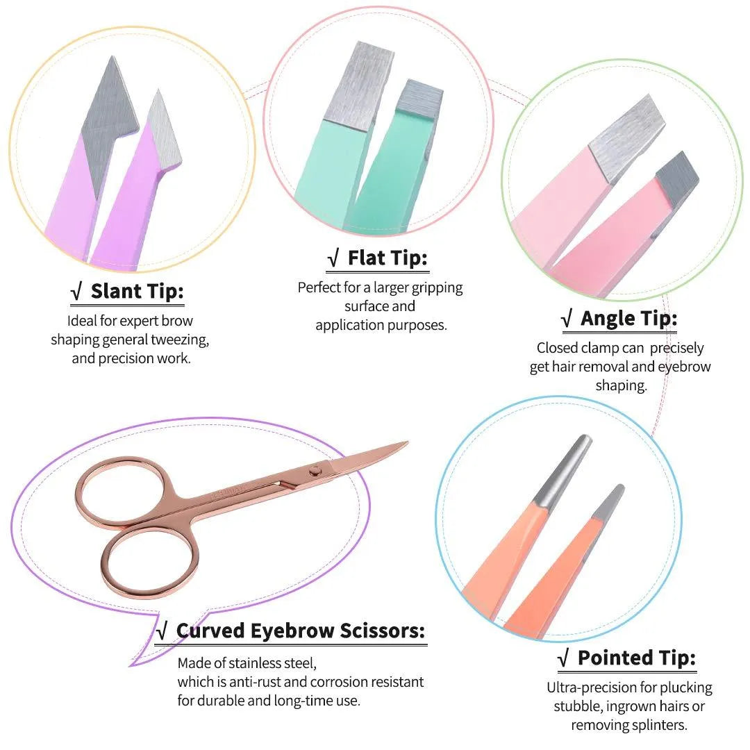 Professional 6-piece stainless steel eyebrow tweezers set with curved scissors and leather case